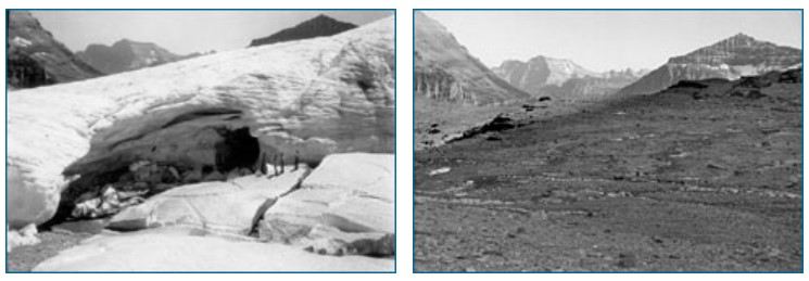 On the left is a photo of Boulder Glacier in Glacier National Park, Montana, taken in July of 1932. On the right is a photo taken at the same spot in July of 1988. The glacier is gone.